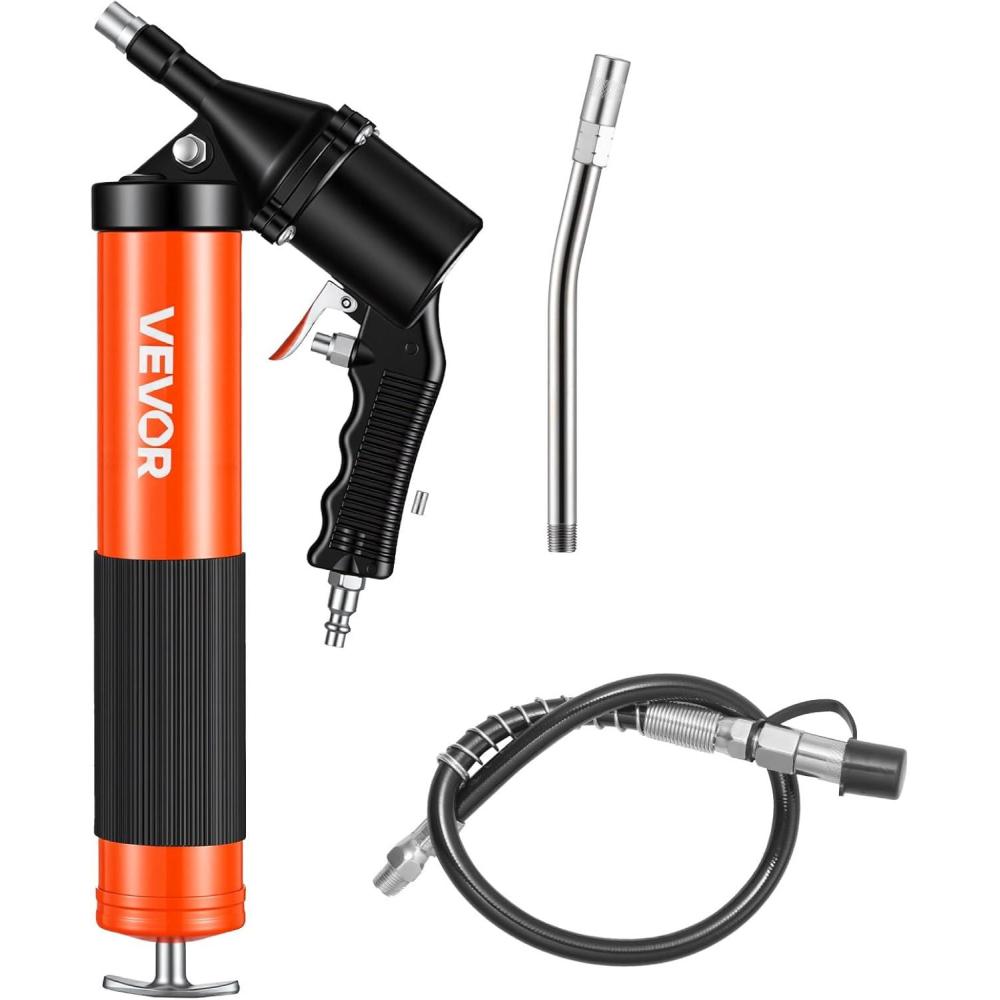 image:imageVEVOR Grease Gun 6000PSI Air Operated Grease Gun Heavy Duty Pneumatic Grease Gun with 14 oz Load 185 Inch Flexible Hose 1 Flat Coupler 1 Pointed and Locking Clamp Coupler 1 Bent Metal PipeContinuous Cycle Air Operated Grease Gun