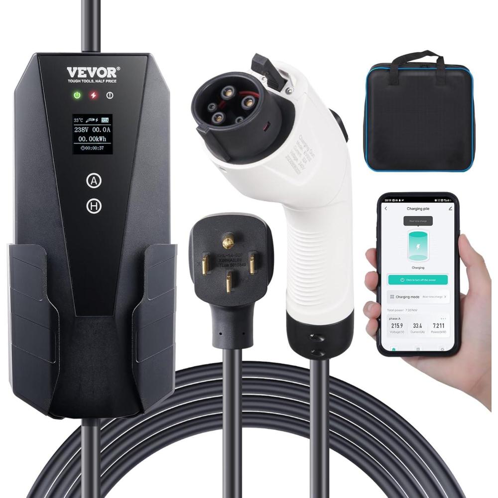 image:imageVEVOR Level 2 Portable EV Charger 40A 240V Electric Vehicle Charger with 25 ft Charging Cable NEMA 1450P Plug 40A32A24A16A Adjustable Current Plugin Home EV Charging Station for SAE J1772 EVs32 Amp