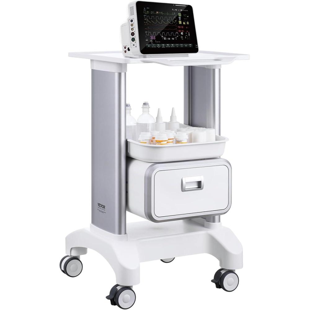 image:imageVEVOR Medical Trolley Storage Cart with Removable Drawer Rolling Lab Tray Cart with Wheels for Ultrasound Dental Clinic Lab Beauty Salon Office2 Tiers Removable Drawer