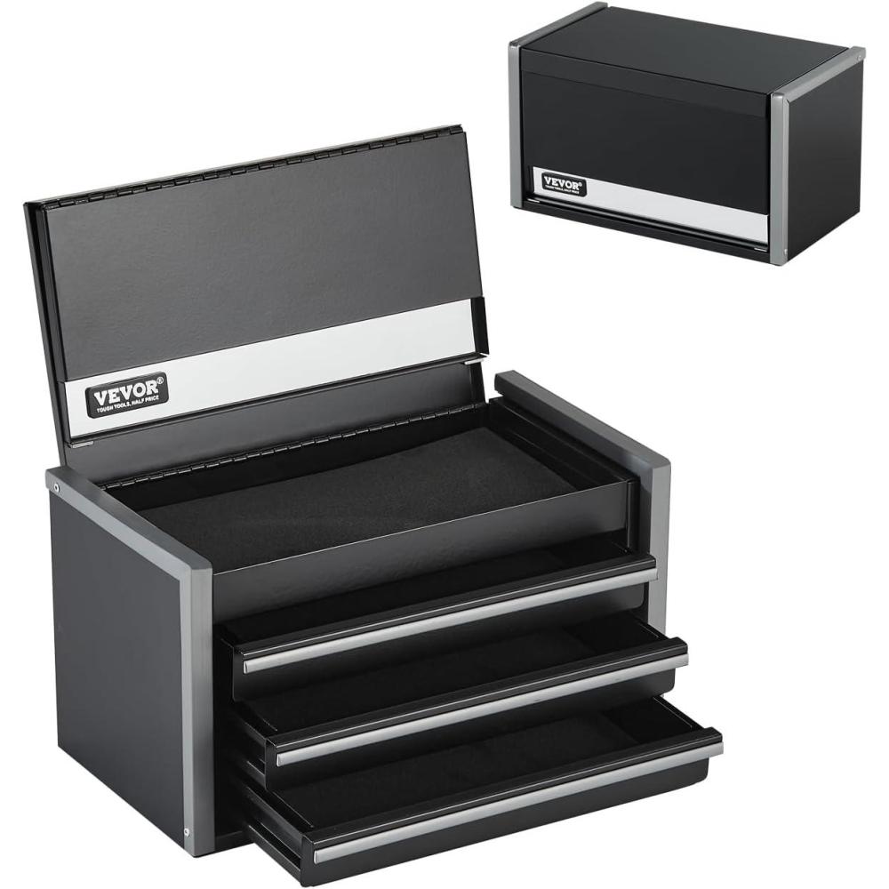 image:imageVEVOR Metal Tool Box 205inch Portable Metal Tool Box with 4 Drawers Small Tool Chest with EVA Liners Ball Bearing Slide Drawers Locking amp Powder Coated Finish MultiFunction Tool OrganizerBlack3 Drawer