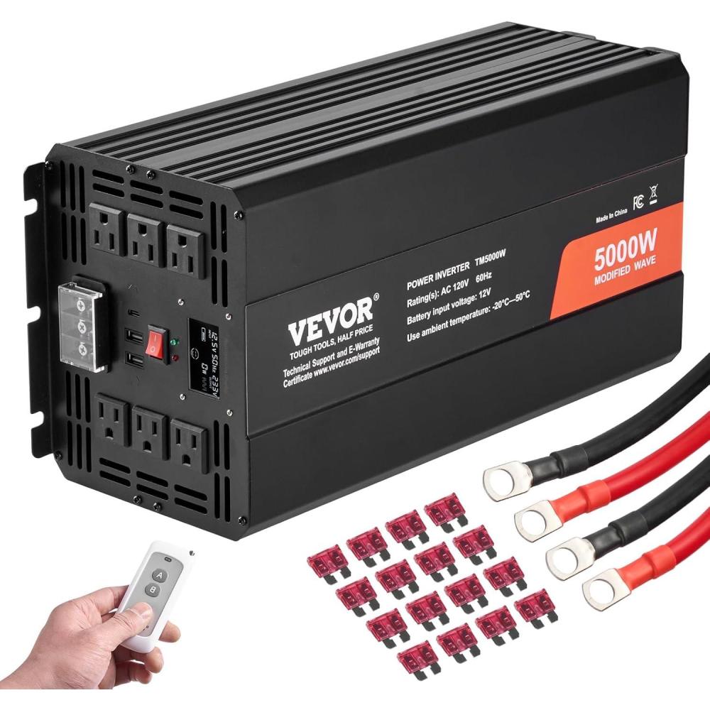image:imageVEVOR Modified Sine Wave Inverter 1500W DC 12V to AC 120V Power Inverter with 2 AC Outlets 2 USB Port 1 TypeC Port 6 Spare Fuses for Small Home Devices Like Smartphone Laptop CE FCC Certified5000 Watt