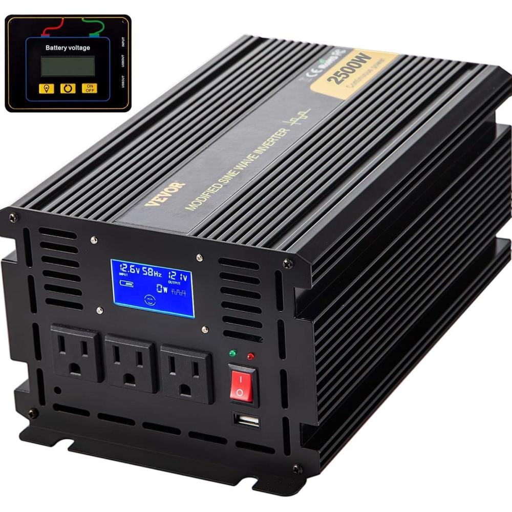 image:imageVEVOR Modified Sine Wave Inverter 1500W DC 12V to AC 120V Power Inverter with 2 AC Outlets 2 USB Port 1 TypeC Port 6 Spare Fuses for Small Home Devices Like Smartphone Laptop CE FCC Certified2500W