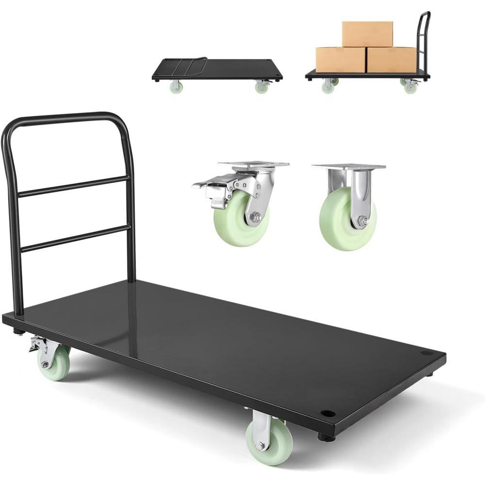 image:imageVEVOR Platform Truck 2000 lbs Capacity Steel Flatbed Cart 47 Length x 24 Width x 32 Height Flat Dolly Hand Trucks with 5 Nylon Casters HeavyDuty Utility Push Carts for Luggage Moving2000 LBS NEW