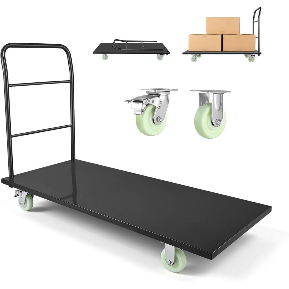 image:imageVEVOR Platform Truck 2000 lbs Capacity Steel Flatbed Cart 47 Length x 24 Width x 32 Height Flat Dolly Hand Trucks with 5 Nylon Casters HeavyDuty Utility Push Carts for Luggage Moving2000 LBS Large Panel