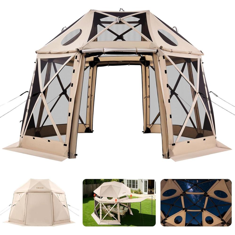 image:imageVEVOR Pop Up Gazebo Screen Tent 6 Sided Canopy Sun Shelter with 6 Removable Privacy Wind Cloths amp Mesh Windows 115x115FT Quick Set Screen Tent with Mosquito Netting BrownBeige