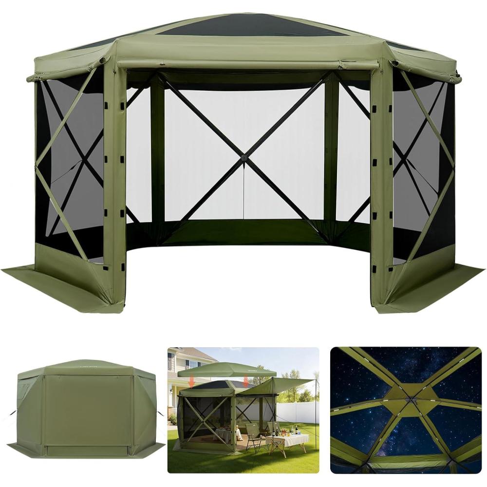 image:imageVEVOR Pop Up Gazebo Screen Tent 6 Sided Canopy Sun Shelter with 6 Removable Privacy Wind Cloths amp Mesh Windows 115x115FT Quick Set Screen Tent with Mosquito Netting BrownArmy Green