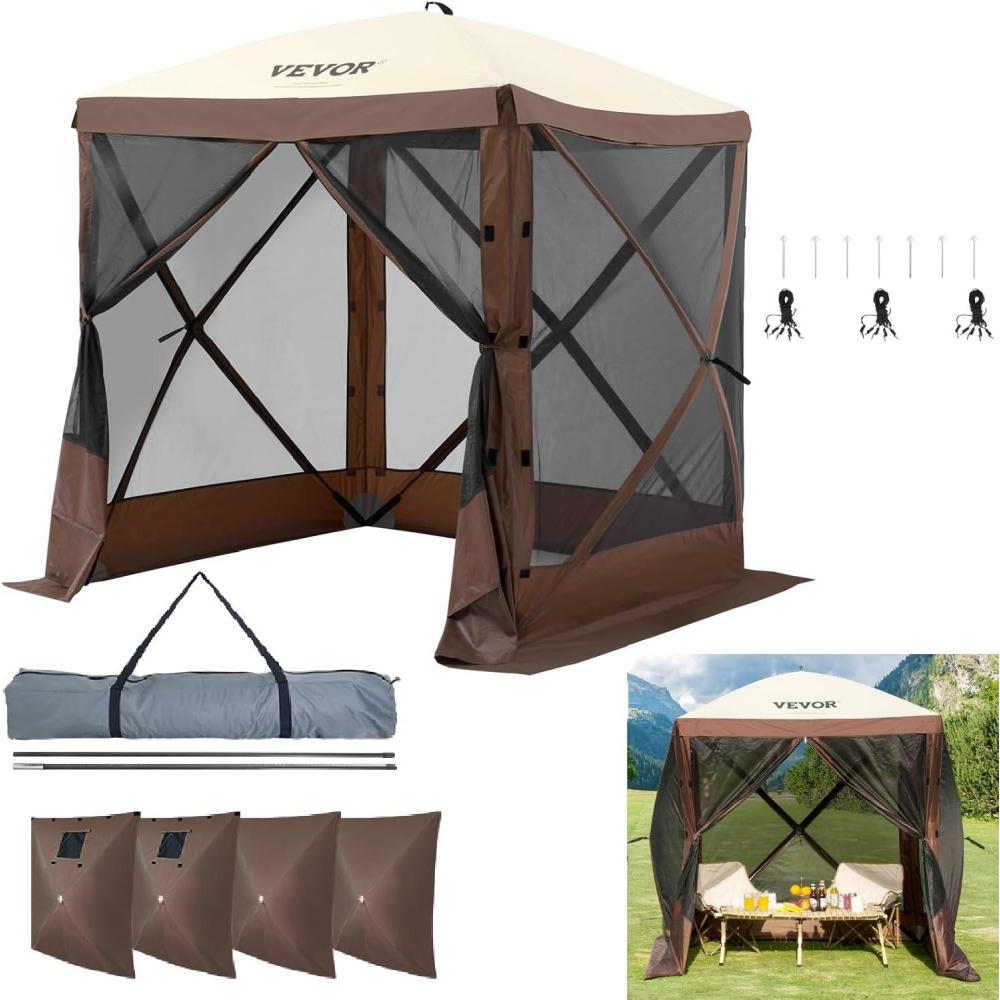 image:imageVEVOR Pop Up Gazebo Screen Tent 6 Sided Canopy Sun Shelter with 6 Removable Privacy Wind Cloths amp Mesh Windows 115x115FT Quick Set Screen Tent with Mosquito Netting BrownBrown