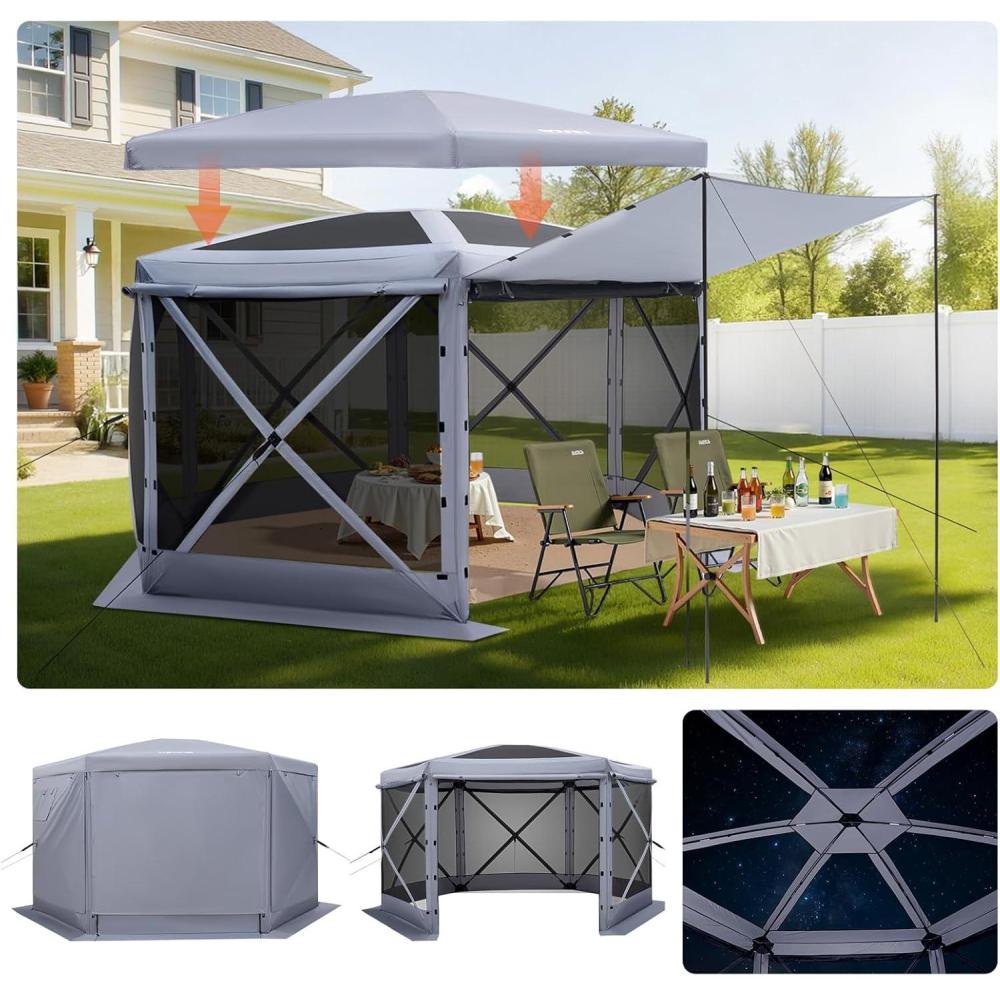 image:imageVEVOR Pop Up Gazebo Screen Tent 6 Sided Canopy Sun Shelter with 6 Removable Privacy Wind Cloths amp Mesh Windows 115x115FT Quick Set Screen Tent with Mosquito Netting BrownGray