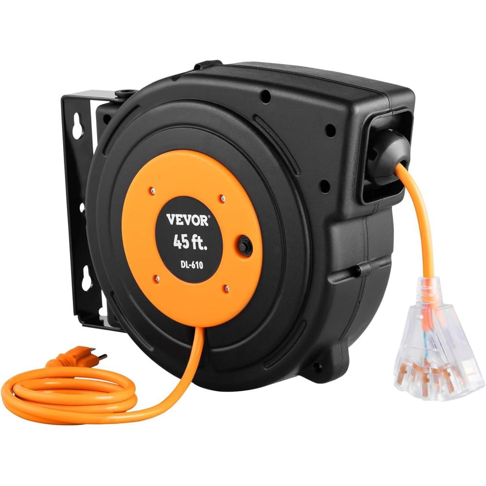 image:imageVEVOR Retractable Extension Cord Reel 65 FT Heavy Duty 12AWG3C SJTOW Retractable Power Cord with Lighted Triple Tap Outlet 15 Amp Circuit Breaker 180 Swivel Bracket for Ceiling or Wall MountBlack Orange
