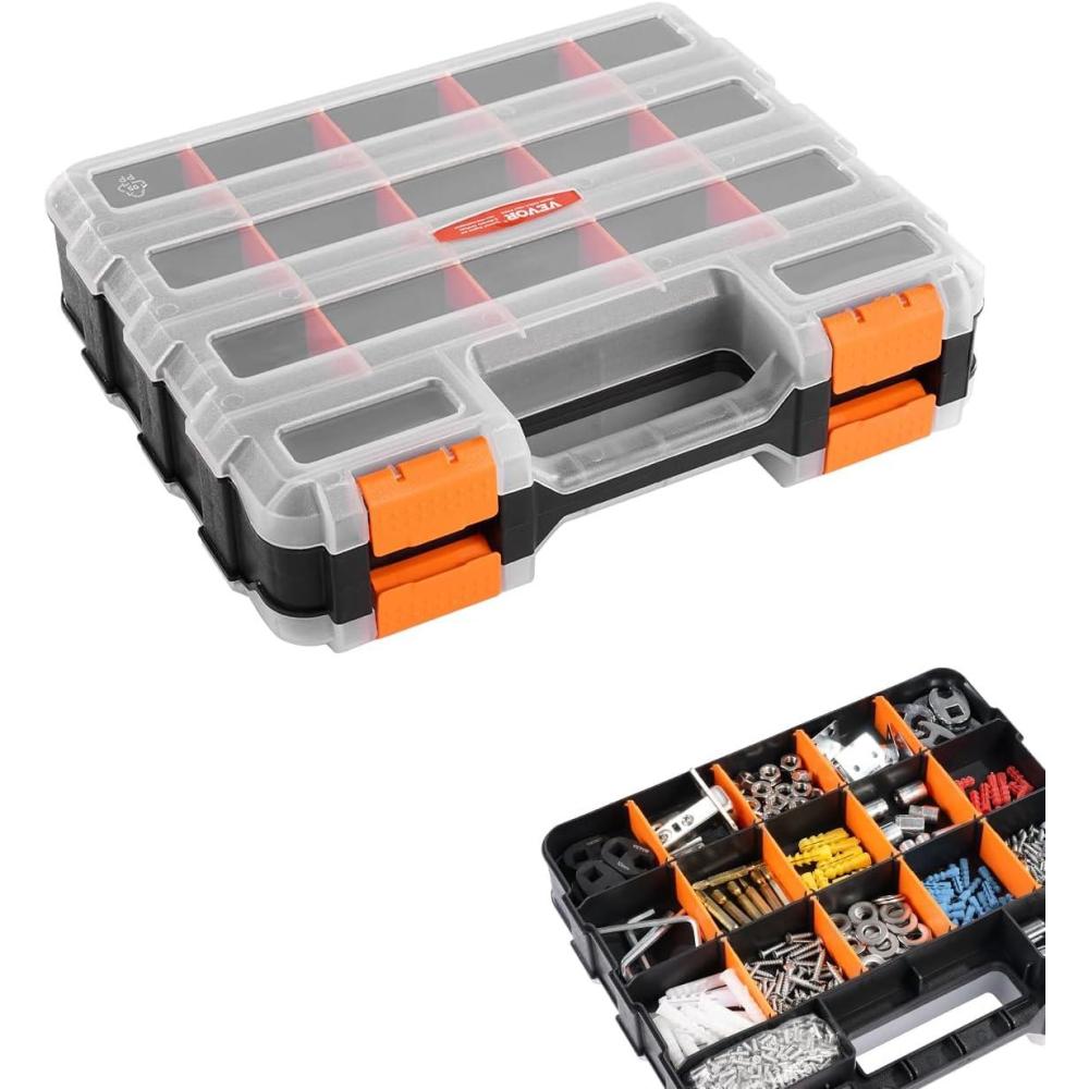 image:imageVEVOR Small Parts Organizer 34Compartment Double Side Tools Organizer Box with 24 Removable Dividers PP Hardware Storage Box with Safety Latch amp Portable Handle for Nuts Bolts Screws Nails1 PC Double Side