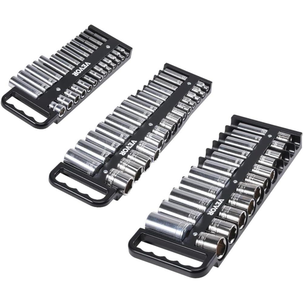 image:imageVEVOR Socket Organizer Rail Set 3PCS Metric amp SAE Aluminum Socket Organizers 14 38 amp 12 HeavyDuty Socket Holder with 360 Rotating Clips for Tool Box Hold up to 40 Sockets Red amp BlackMagnetic Socket Holder