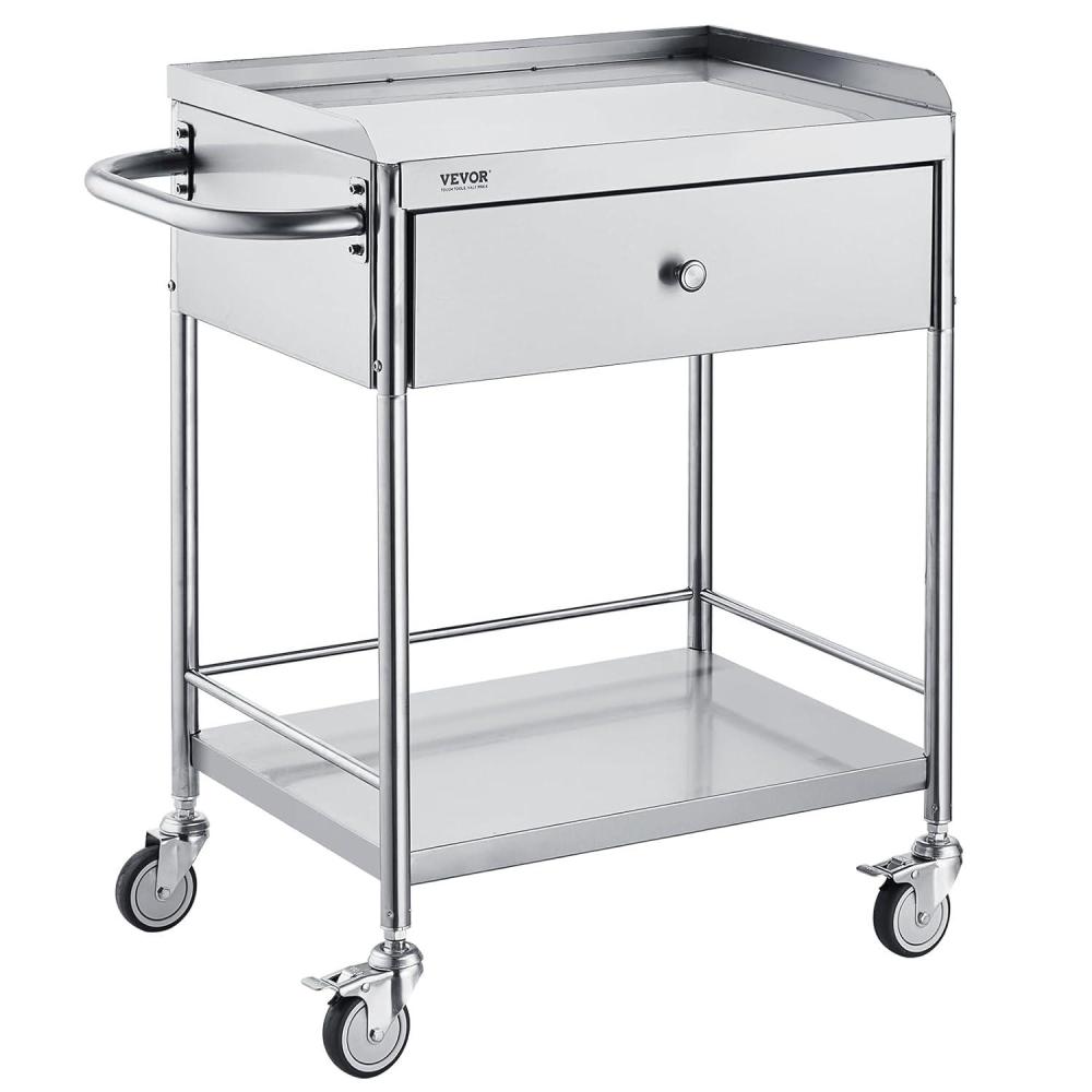 image:imageVEVOR Stainless Steel Utility Cart with Wheels  MedicalDental Lab Cart  2 Shelves1 DrawerCatering Cart