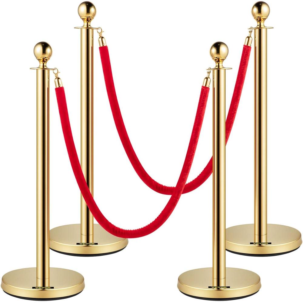 image:imageVEVOR Stanchions and Velvet Ropes 4Pcs Solid Base with Stainless Steel Post 5ft Red Velvet Ropes and Posts Crowd Control Barriers Gold Stanchions Red Carpet Runner Poles for Party SuppliesGold