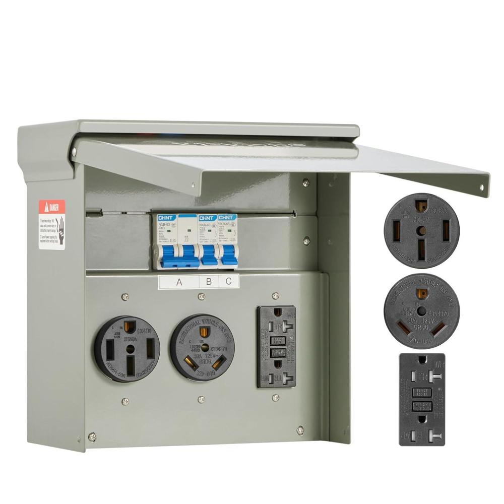 image:imageVEVOR Temporary Power Outlet Panel Weatherproof RV Electrical Breaker Box with 203050 Amp Receptacle Installed Prewired Circuit NEMA 1450RNEMA TT30R  20A GFCI for RV Camper Trailer Motorhome503020 Amp