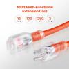 VEVOR 100FT Heavy Duty Extension Cord, 12AWG 15Amps 1875W, 3 Prongs Indoor Outdoor Electric Cord with Lighted End, Flexible & -40°C Cold-Resistant for Lawn, Garage, Home Use, ETL Listed(16AWG)