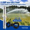 VEVOR Deep Well Submersible Pump, 1HP 115V/60Hz, 37gpm Flow 207ft Head, with 33ft Electric Cord, 4″ Stainless Steel Water Pump for Industrial, Irrigation&Home Use, IP68 Waterproof Grade(1.5HP/230V/ Built-in Controller)