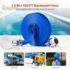 VEVOR Discharge Hose, 1-1/2″ x 100′, PVC Fabric Lay Flat Hose, Heavy Duty Backwash Drain Hose with Clamps, Weather-proof & Burst-proof, Ideal for Swimming Pool & Water Transfer, Blue(1-1/2″ x 100′ with connector)
