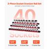 VEVOR Socket Organizer Rail Set, 3PCS Metric & SAE Aluminum Socket Organizers, 1/4”, 3/8” & 1/2” Heavy-Duty Socket Holder with 360° Rotating Clips for Tool Box, Hold up to 40 Sockets, Red & Black(Socket Rail Holder)