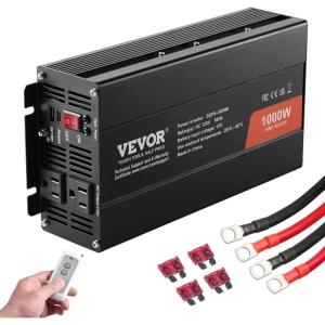 VEVOR 1000W Pure Sine Wave Inverter, DC 12V to AC 120V Power Inverter with 2 AC Outlets 1 USB Port 1 Type-C Port, Remote Control for Small Home Devices Like Smartphone Laptop, CE FCC Certified(1000W)