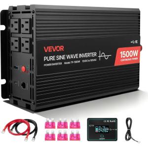 VEVOR 1000W Pure Sine Wave Inverter, DC 12V to AC 120V Power Inverter with 2 AC Outlets 1 USB Port 1 Type-C Port, Remote Control for Small Home Devices Like Smartphone Laptop, CE FCC Certified(1500W)