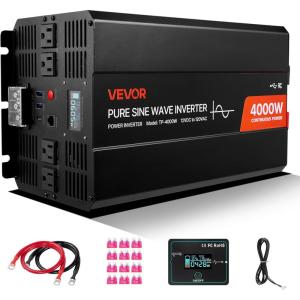 VEVOR 1000W Pure Sine Wave Inverter, DC 12V to AC 120V Power Inverter with 2 AC Outlets 1 USB Port 1 Type-C Port, Remote Control for Small Home Devices Like Smartphone Laptop, CE FCC Certified(4000W)
