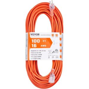 VEVOR 100FT Heavy Duty Extension Cord, 12AWG 15Amps 1875W, 3 Prongs Indoor Outdoor Electric Cord with Lighted End, Flexible & -40°C Cold-Resistant for Lawn, Garage, Home Use, ETL Listed(16AWG)