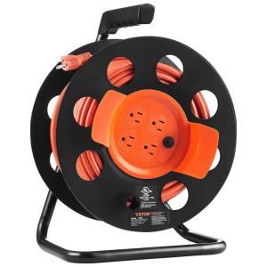 VEVOR 100FT Retractable Extension Cord Reel, with 4 Outlets and Dust Cover, Heavy Duty 12AWG SJTOW Power Cord, Portable Handle and Safety Overload Circuit Breaker, for Outdoor Indoor Toolshed Garage(100FT 12AWG)
