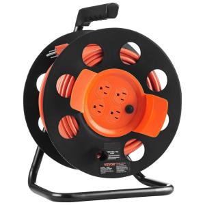 VEVOR 100FT Retractable Extension Cord Reel, with 4 Outlets and Dust Cover, Heavy Duty 12AWG SJTOW Power Cord, Portable Handle and Safety Overload Circuit Breaker, for Outdoor Indoor Toolshed Garage(14AWG)