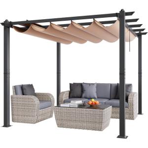 VEVOR 10’x10′ Outdoor Retractable Pergola with Canopy, Aluminum Pergola with Retractable Canopy, Modern Style, Sun Shade for Patios, Gardens, Decks, Backyards (Beige)(Beige)