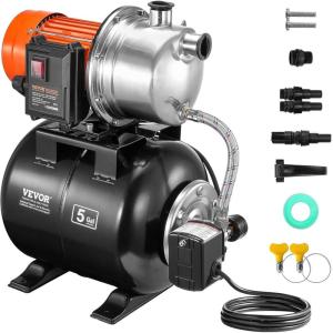 VEVOR 1HP Shallow Well Pump Portable, 1380 GPH Garden Jet Pump with Automatic Controller, 145 ft Head Stainless Steel Sprinkler Booster Pumps, for Garden Lawn Irrigation System, Water Transfer(1.6 HP with Tank SS)