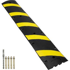 VEVOR 2PCs 6 ft/72” Rubber Speed Hump, 2 Channel, 22000 lbs Capacity Heavy Duty Traffic Speed Bump, with High Reflective Yellow Strip 8 Expansion Screws and 1 Drill, for Asphalt Concrete Gravel Roads(1 PC)