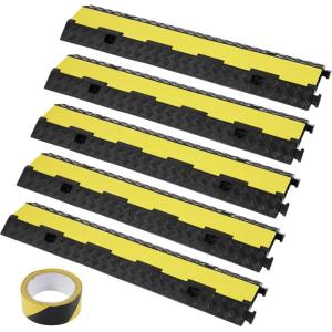 VEVOR 3 PCs 2 Channel Rubber Cable Protector Ramp, 12000 lbs/axle Capacity Heavy Duty Hose Wire Cover Ramp Driveway, Traffic Speed Bump w/Flip-Open Top Cover & 50 ft Warning Tape, for Indoor&Outdoor(2 Channel-5PCs)