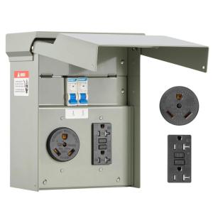 VEVOR 30 Amp RV Power Outlet Box, 125/250 Volt, Enclosed Lockable Outdoor RV Receptacle Box, NEMA TT-30R Weatherproof Electrical Panel, for RV Camper Trailer Motorhome Electric Car(30+20 Amp)