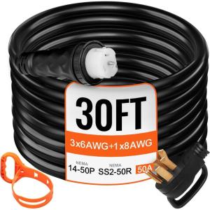 VEVOR 50FT 50 Amp Generator Extension Cord, STW 45446 + 45505 125V 250V Generator Power Cord, N14-50P & SS2-50R & CS6364 Twist Lock Connectors(30 FT)