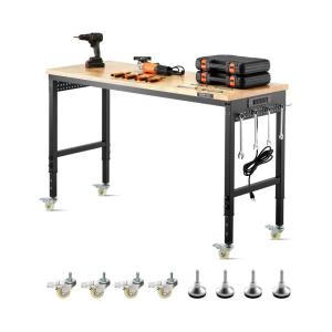 VEVOR Adjustable Workbench, 48-Inch Work Bench with Power Outlet, Wheels, and Pegboard, 2000 lbs Load Heavy Duty Oak Wood Top Work Table for Garage, Workshop, Office, and Home(Rubber Pad│Universal Wheels│60″x22″)
