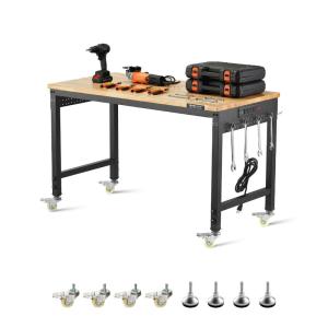 VEVOR Adjustable Workbench, 48-Inch Work Bench with Power Outlet, Wheels, and Pegboard, 2000 lbs Load Heavy Duty Oak Wood Top Work Table for Garage, Workshop, Office, and Home(Rubber Pad│Universal Wheels│48″x24″)