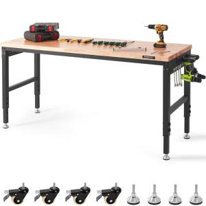 VEVOR Adjustable Workbench, 48-Inch Work Bench with Power Outlet, Wheels, and Pegboard, 2000 lbs Load Heavy Duty Oak Wood Top Work Table for Garage, Workshop, Office, and Home(Rubber Pad│Universal Wheels│72″x25″x39.5″)