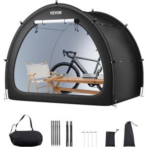 VEVOR Bike Storage Shed Tent, 1-2 Bikes, Outdoor Spacious Bike Storage Sheds with Ventilated Window, Waterproof Easy-to-Install Bike Tent with High Strength Fiberglass & Dual Zippers, Fit for Bicycle(Black- Cabin-shaped – XXL for 4-5 Bikes w/ 2 Doors)