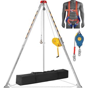 VEVOR Confined Space Tripod Kit, 1800 lbs Winch, Confined Space Tripod 7′ Legs and 98′ Cable, Confined Space Rescue Tripod 32.8′ Fall Protection, Harness, Storage Bag for Traditional Confined Spaces(2600 lbs w/Harness)