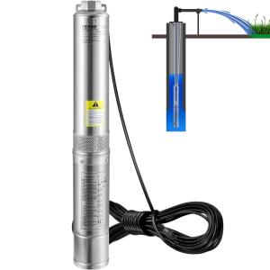 VEVOR Deep Well Submersible Pump, 1HP 115V/60Hz, 37gpm Flow 207ft Head, with 33ft Electric Cord, 4″ Stainless Steel Water Pump for Industrial, Irrigation&Home Use, IP68 Waterproof Grade(0.5HP/115V/ Built-in Controller)