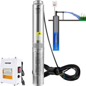 VEVOR Deep Well Submersible Pump, 1HP 115V/60Hz, 37gpm Flow 207ft Head, with 33ft Electric Cord, 4″ Stainless Steel Water Pump for Industrial, Irrigation&Home Use, IP68 Waterproof Grade(1.5HP/115V w/ control box)