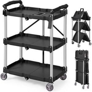 VEVOR Foldable Utility Service Cart, 165LBS 3 Shelf Heavy Duty Plastic Rolling Cart with 360° Swivel Wheels (2 with Brakes), Ergonomic Handle, Portable Garage Tool Cart for Warehouse Office Home(Foldable-165LBS)