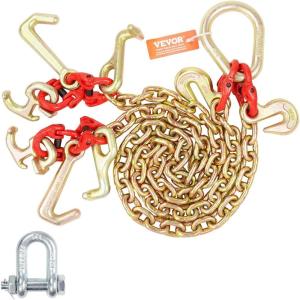 VEVOR G80 V Bridle Chain, 5/16″ x 3′ Towing Chain Bridle with R Hooks, T Hooks, J Hooks and Grab Hooks, Transport Tow Chain Bridle with 10800 lbs Safe Working Load for Flatbed Truck Wrecker Recovery(5/16Inch x 3FT)