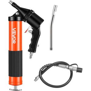 VEVOR Grease Gun, 6000PSI Air Operated Grease Gun, Heavy Duty Pneumatic Grease Gun with 14 oz Load, 18.5 Inch Flexible Hose, 1 Flat Coupler, 1 Pointed and Locking Clamp Coupler, 1 Bent Metal Pipe(Continuous Cycle Air Operated Grease Gun)