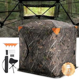 VEVOR Hunting Blind，See Through Ground Blinds with Carrying Bag, 360 Degree Portable Camouflage Tent，Durable Concealed Shelter with Silent Side Door and Window, for Turkey and Deer(2-3 Person（270°See Through ）)