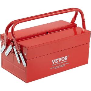 VEVOR Metal Tool Box, 14-inch, 2-Tier 3-Tray Portable Folding Tool Chest Organizer with Handle & Lock Hole, Powder Coated Steel, Cantilever Toolbox for Household Factory Warehouse Repair Shop, Red(2 Tier-3 Tray)