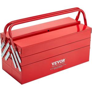 VEVOR Metal Tool Box, 14-inch, 2-Tier 3-Tray Portable Folding Tool Chest Organizer with Handle & Lock Hole, Powder Coated Steel, Cantilever Toolbox for Household Factory Warehouse Repair Shop, Red(3 Tier-5 Tray)