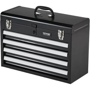 VEVOR Metal Tool Box, 20.5-inch, Portable Metal Tool Box with 4 Drawers, Small Tool Chest with EVA Liners, Ball Bearing Slide Drawers Locking & Powder Coated Finish, Multi-Function Tool Organizer(Black-4 Drawer)