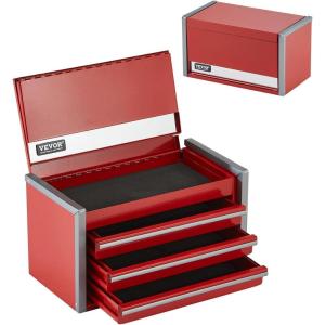 VEVOR Metal Tool Box, 8.6-inch, Portable Metal Tool Box with 3 Drawers, Small Tool Chest with EVA Liners and PP Feet Pads, Heavy-Duty Steel With Ball Bearing Opening and Powder Coated Finish, Black(Red-3 Drawer)