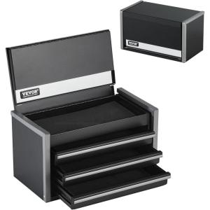 VEVOR Metal Tool Box, 8.6-inch, Portable Metal Tool Box with 3 Drawers, Small Tool Chest with EVA Liners and PP Feet Pads, Heavy-Duty Steel With Ball Bearing Opening and Powder Coated Finish, Black(Black-3 Drawer)